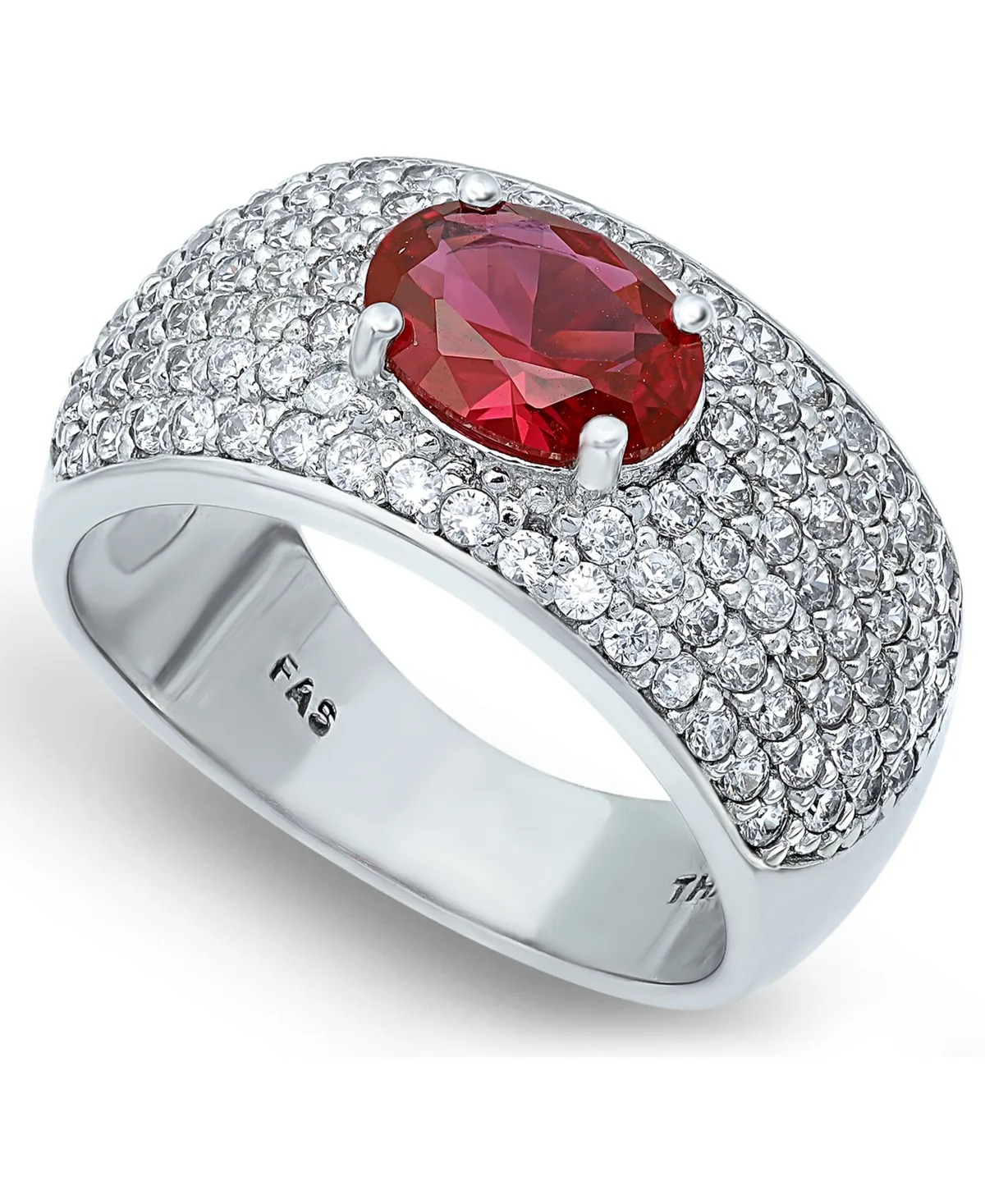 Cubic Zirconia Pave Band Ring with Red Cz Oval Center Prong Stone in Silver Plate by Macy's