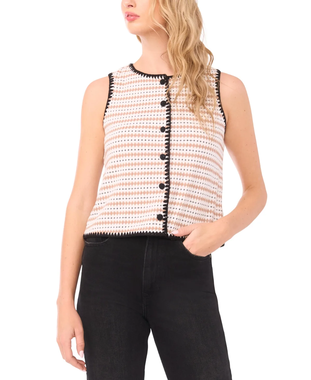 Crochet Detail Sleeveless Crew Neck Vest Top by Cece