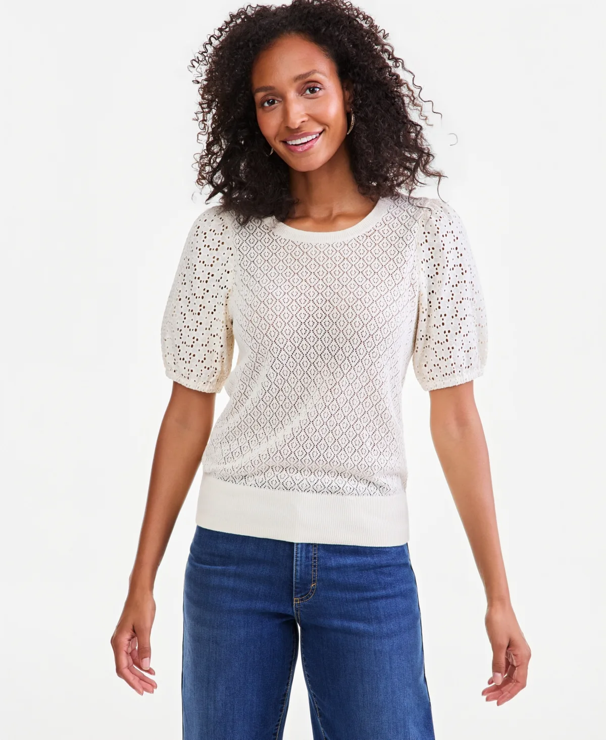 Mixed-Media Pointelle Short-Sleeve Sweater by Style & Co