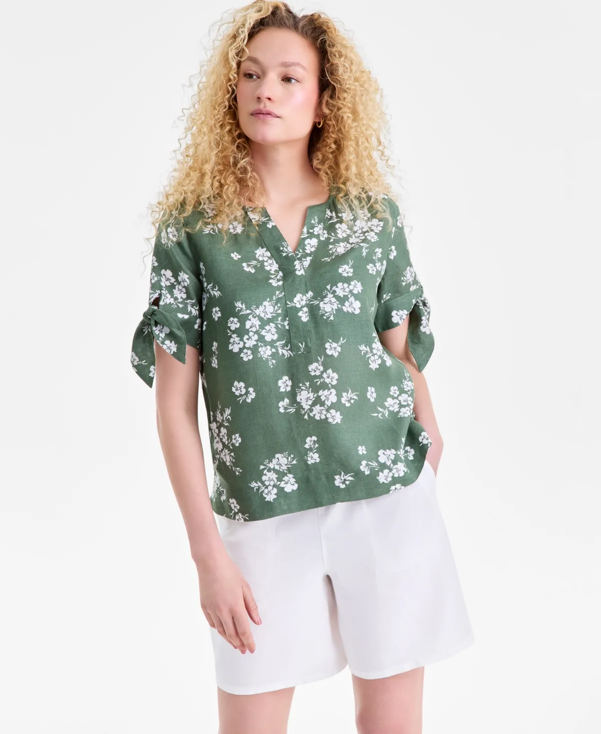 100% Linen Split-Neck Tie-Cuff Top by Charter Club
