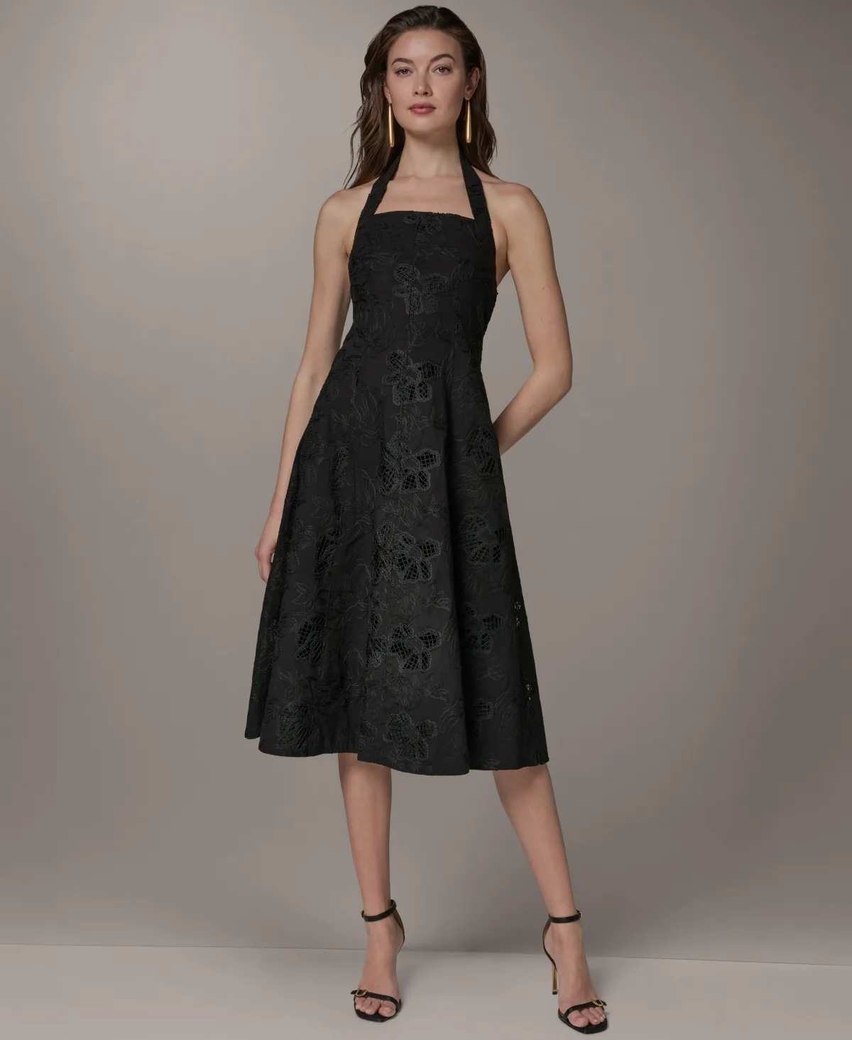 Halter Fit & Flare Sleeveless Embroidered Midi Dress by Donna Karan New York