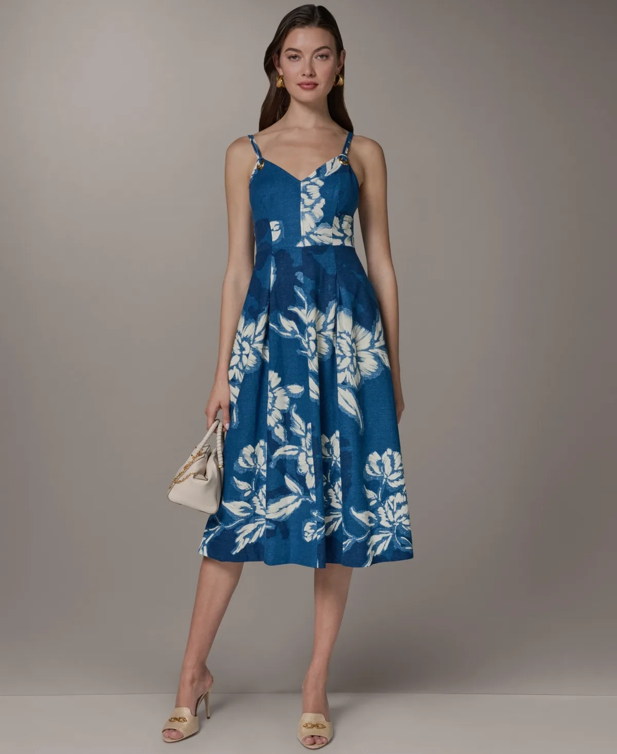 V-Neck Linen Blend Fit & Flare Sleeveless Midi Dress by Donna Karan New York