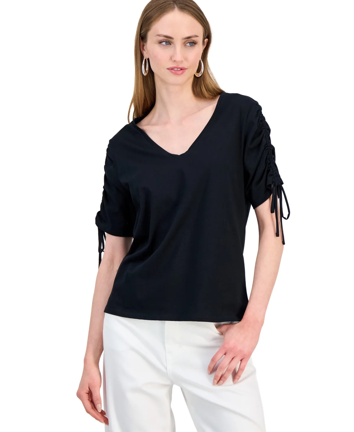 Ruched-Sleeve V-Neck Cotton T-Shirt by I.n.c. International Concepts