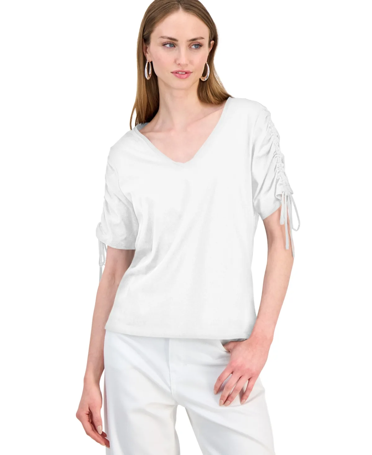 Ruched-Sleeve V-Neck Cotton T-Shirt
