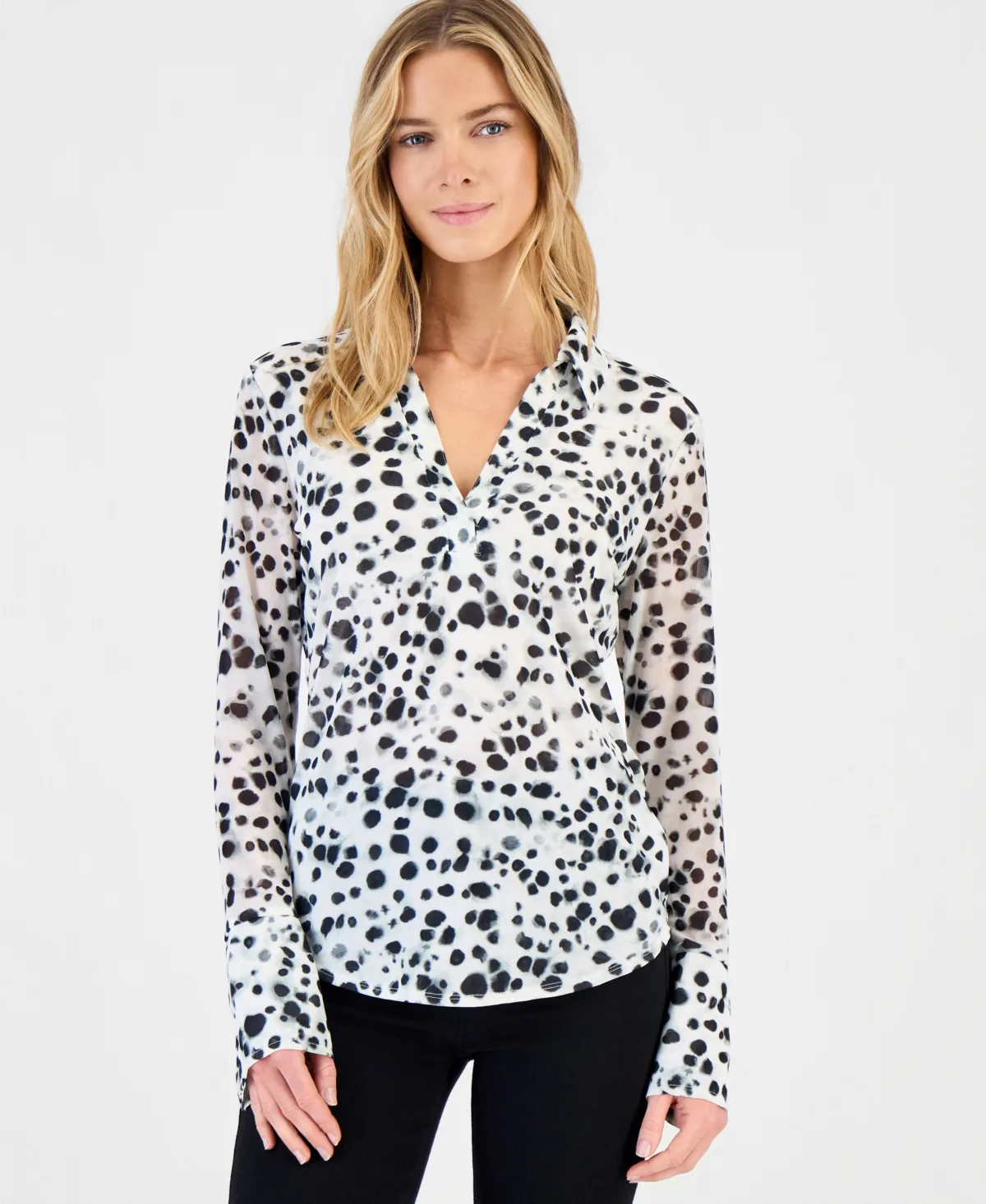 Long-Sleeve Printed Mesh Collared Top by I.n.c. International Concepts