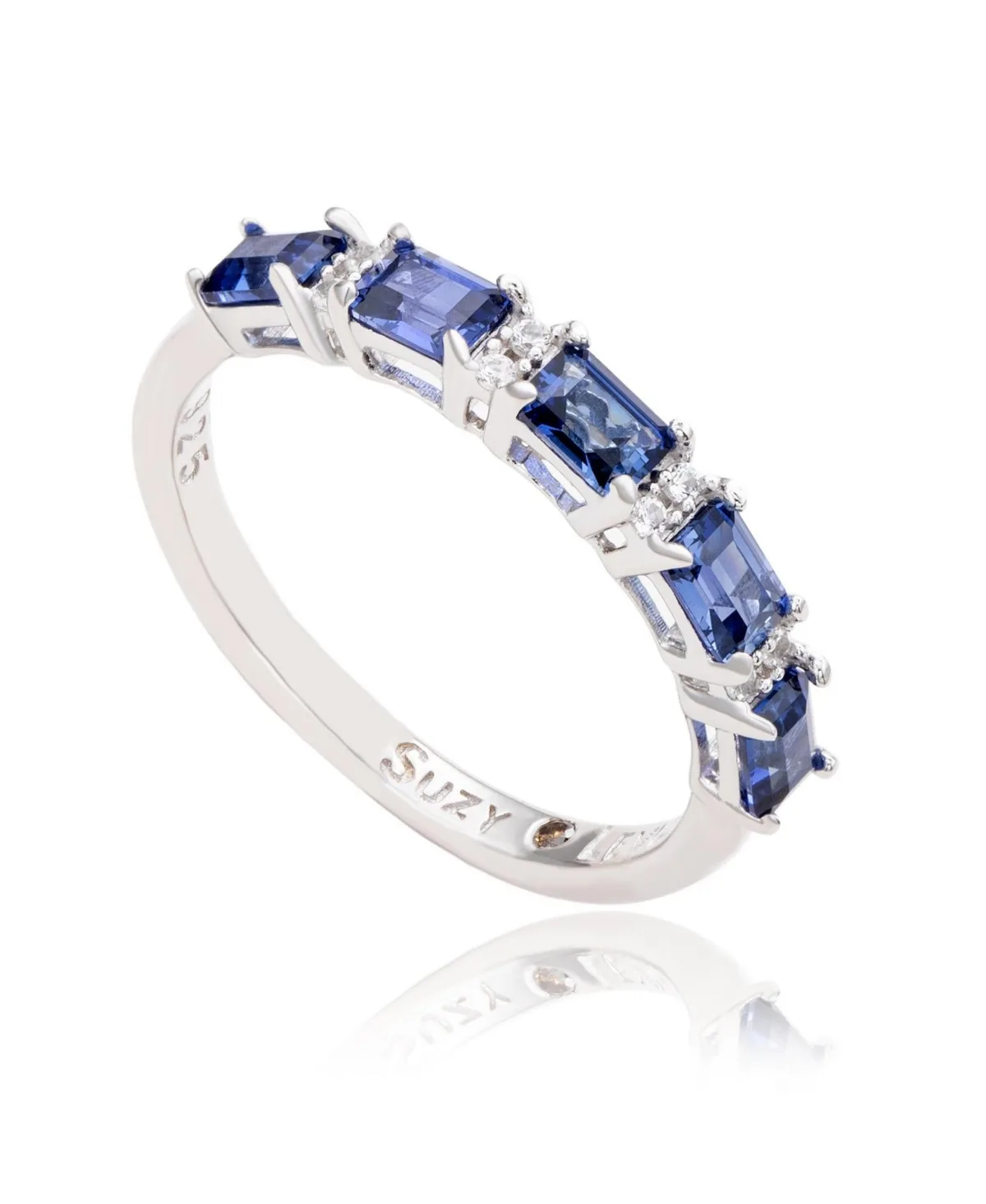 Suzy Levian Sterling Silver Sapphire & Created White Sapphire 5 Stone Emerald Cut Thin Half Band Ring by Suzy Levian New York