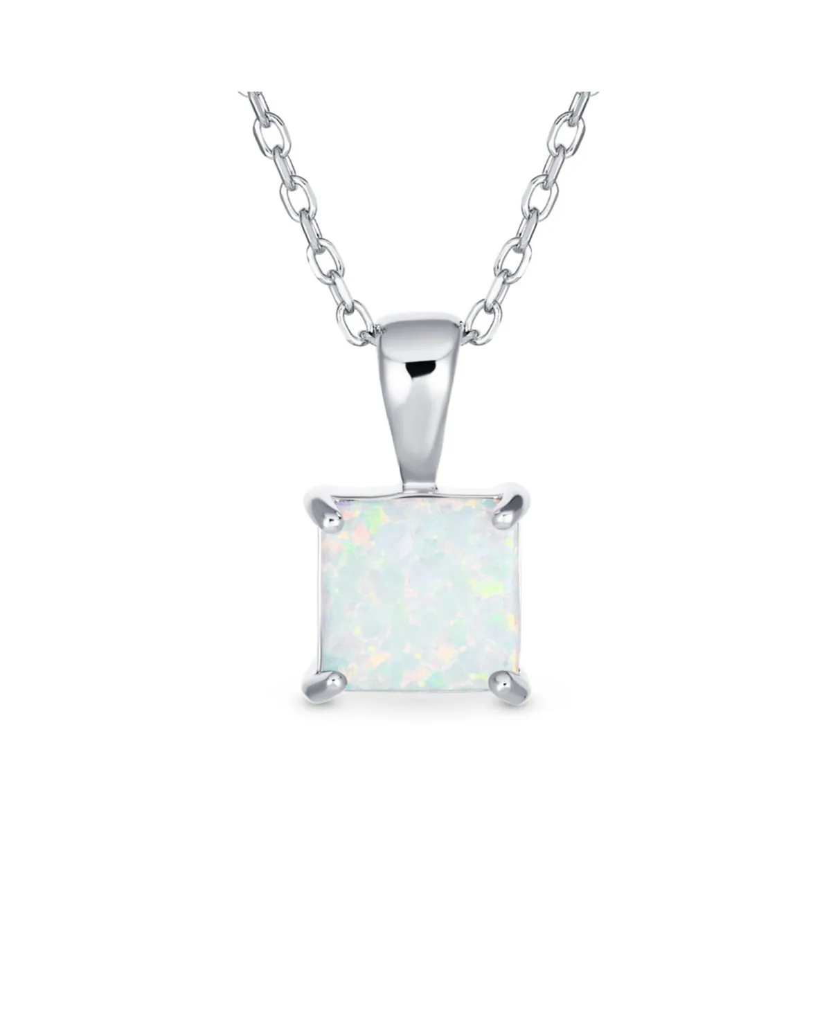 Dainty 4 Prong Set 1.25 ct Solitaire Square Princess Cut White Synthetic Opal Pendant Necklace Sterling Silver