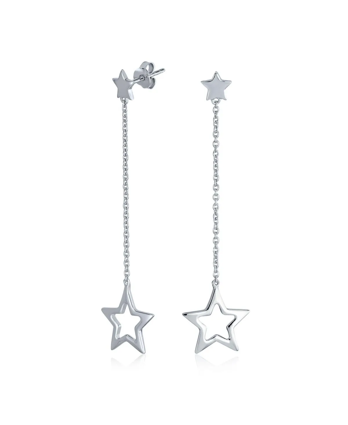 Celestial American Patriotic Usa Rock Star Chain Long Linear Dangle Open Star Earrings.925 Sterling Silver 2.5 Inch