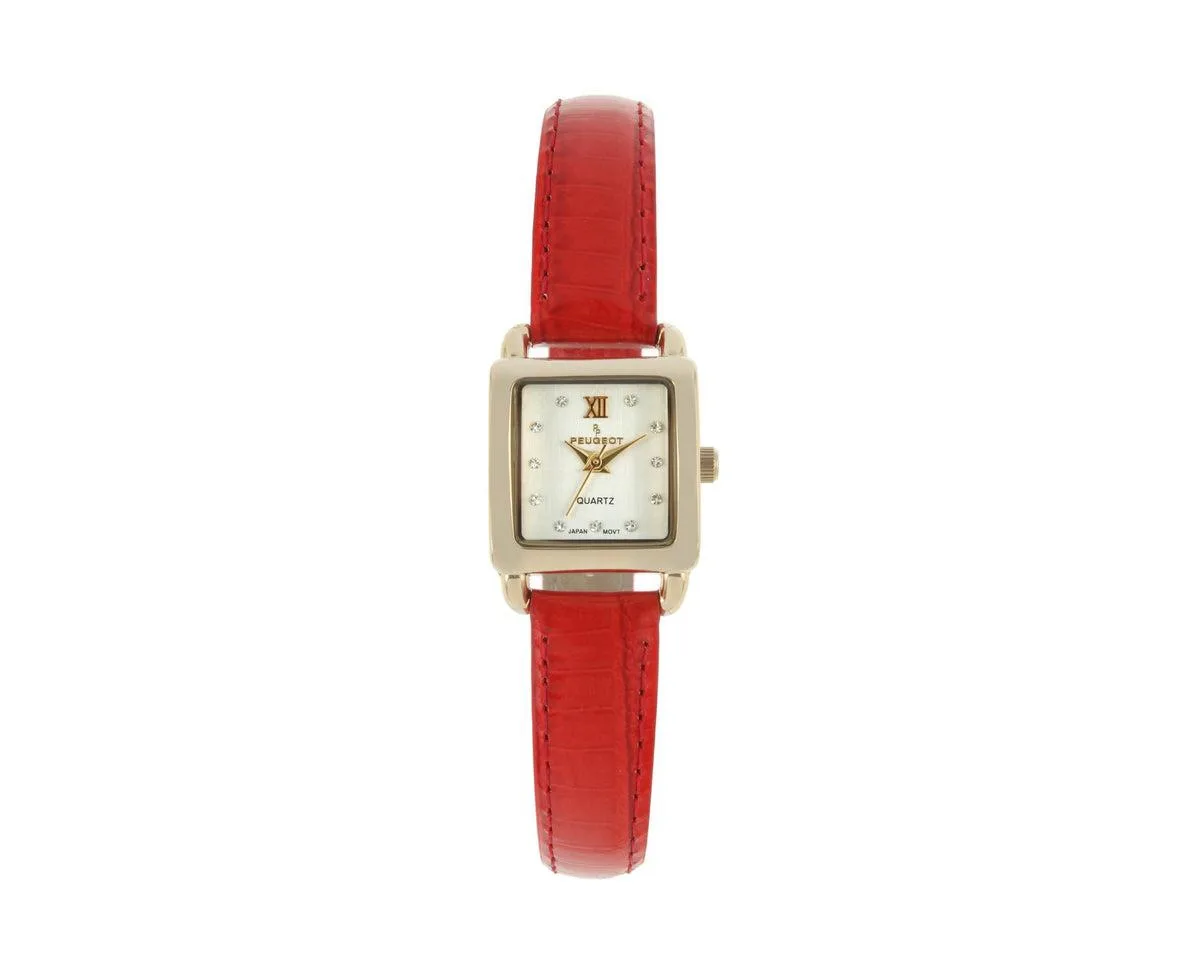 20mm Square Watch with Glossy Red Leather Strap by Peugeot