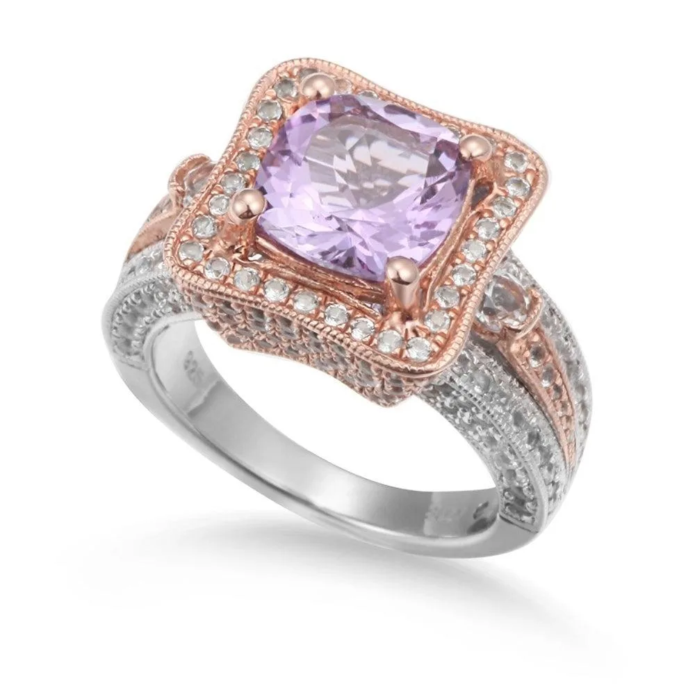 Two-Tone Sterling Silver Cushion Cut Center Topaz Cocktail Paris Ring