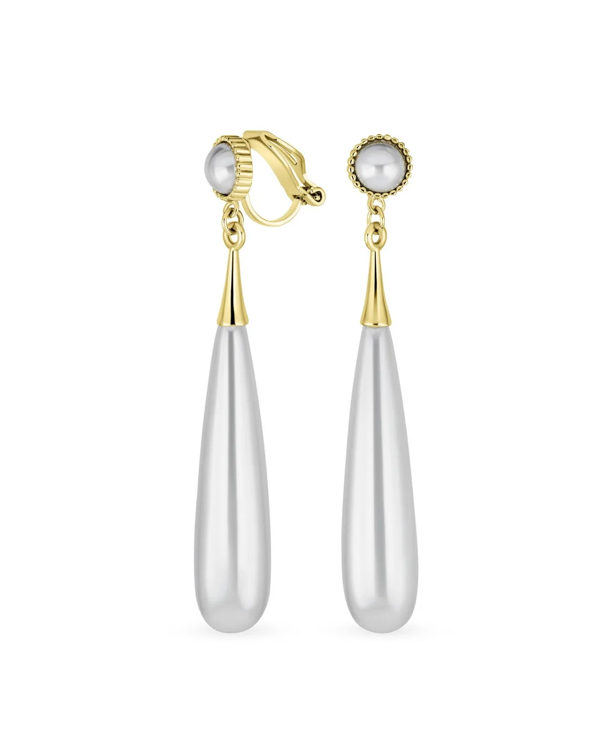 Modern Geometric Linear Thin Long Off White Column Simulated Pearl Dangling Chandelier Clip-On Earrings Yellow Gold Plated by Bling Jewelry