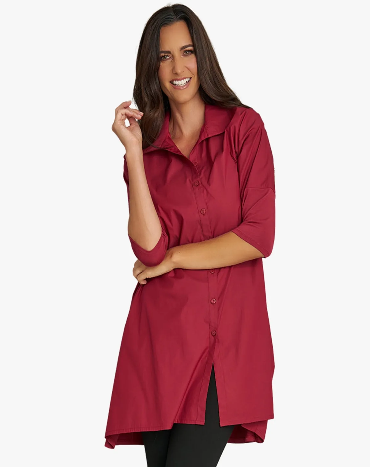 3/4 Sleeve Button-Front Cotton Poplin and Jersey Shirt Top Tiburon Tunic Icon by Stella Carakasi