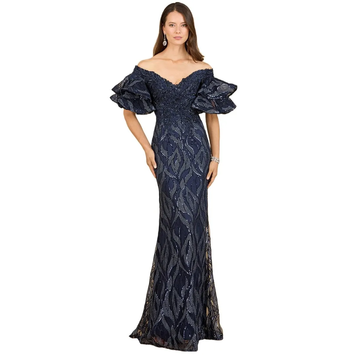 Off Shoulder Mermaid Beaded Gown with Tiered Sleeves by Lara