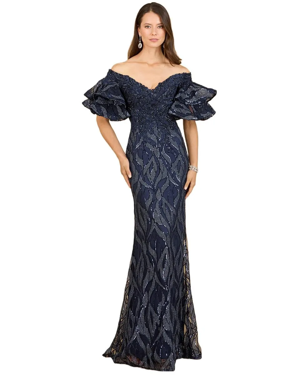 Off Shoulder Mermaid Beaded Gown with Tiered Sleeves