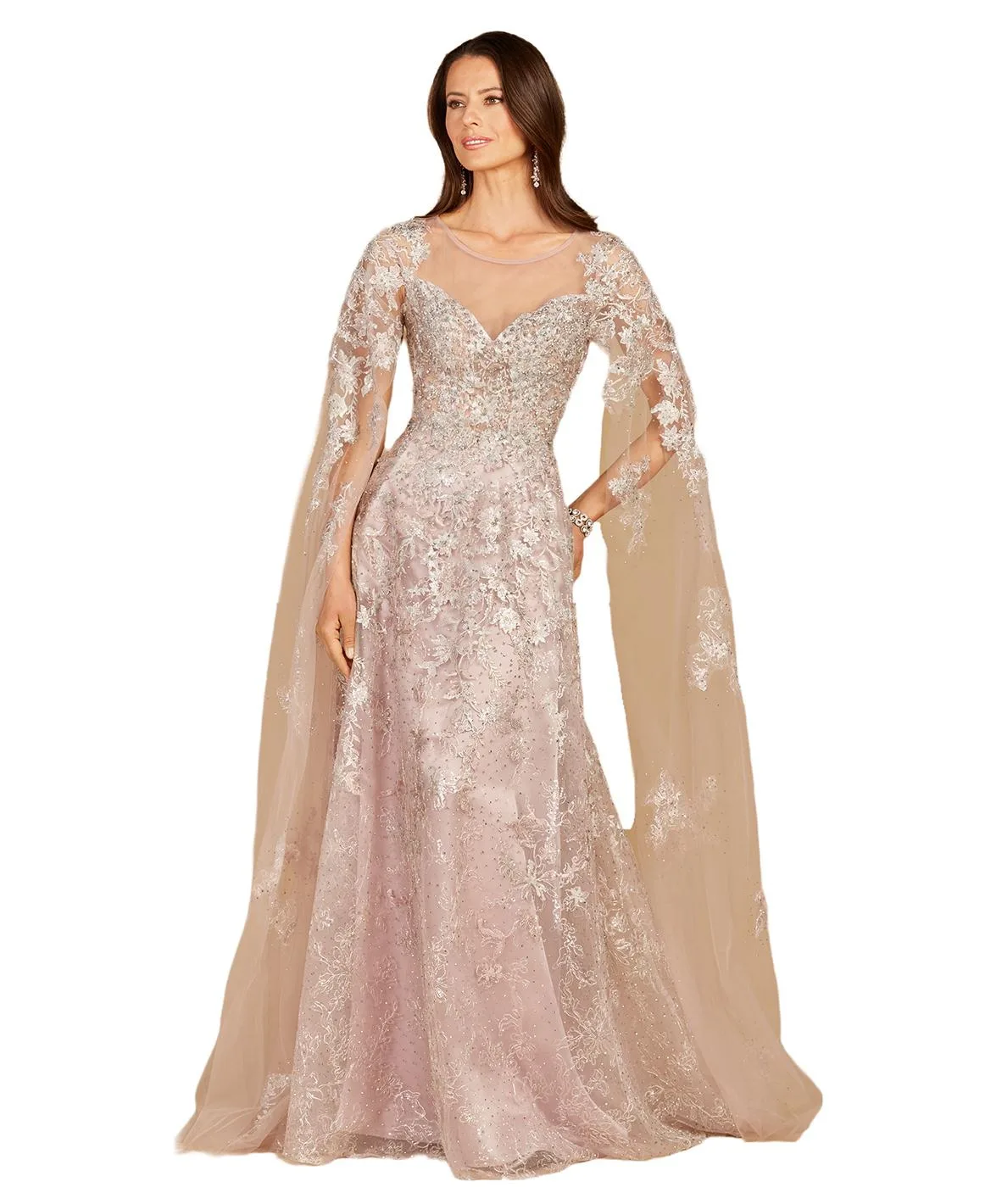 Long Bell Sleeve Boat-Neck Beaded Gown