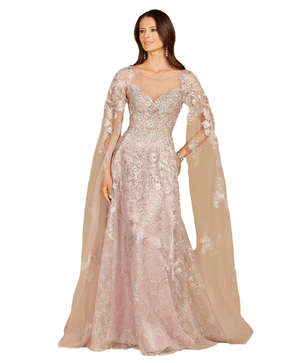 Long Bell Sleeve Boat-Neck Beaded Gown by Lara