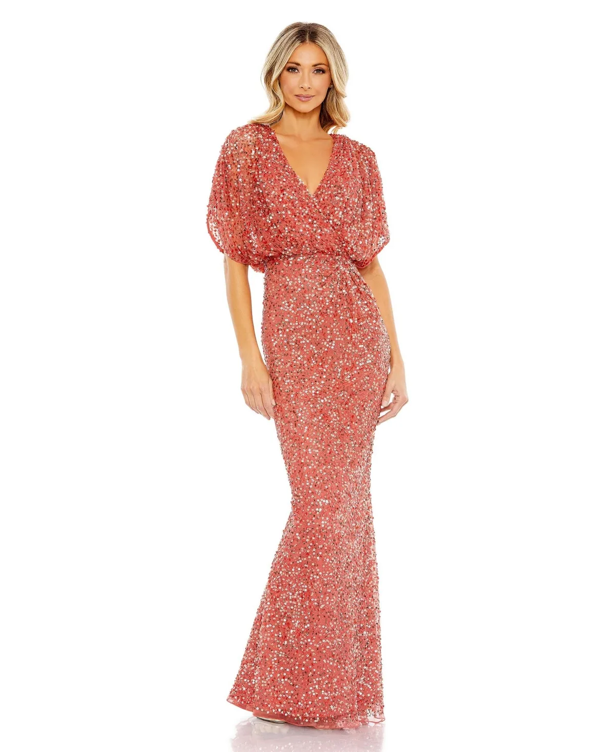Draped Sleeve V Neck Gown by Mac Duggal