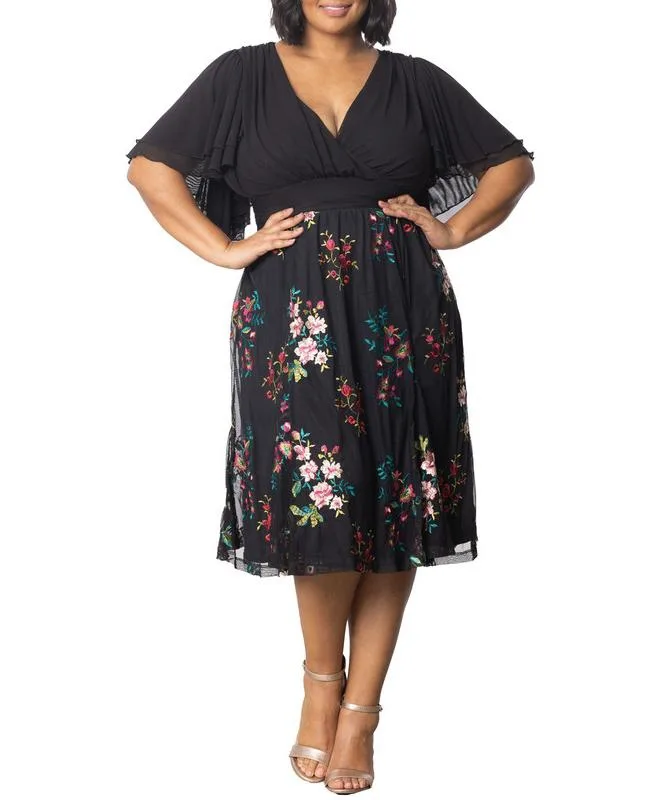 Lillian Embroidered Mesh Midi Cocktail Dress