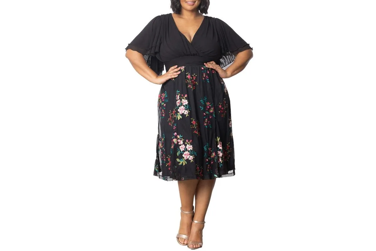 Lillian Embroidered Mesh Midi Cocktail Dress