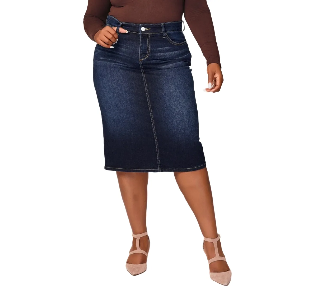 Denim Midi Skirt in 28" Length with Side Vents - Emma
