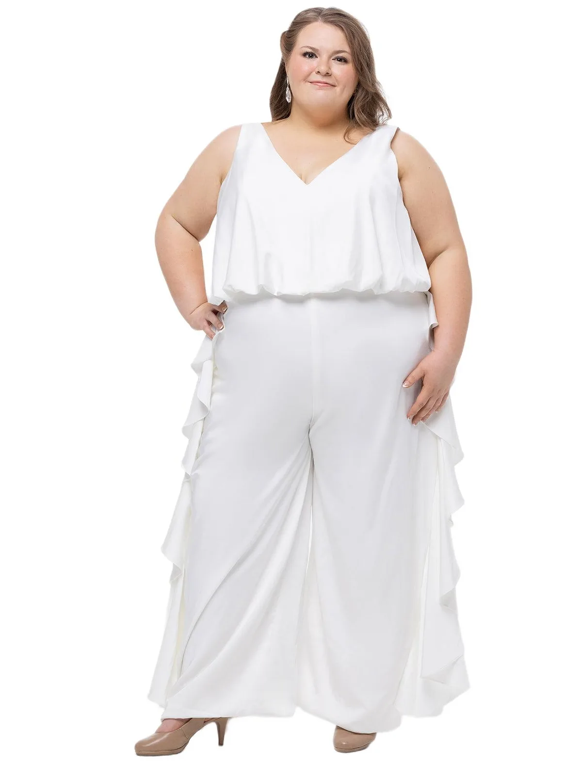 V-Neck Stretch Satin Jumpsuit with Ruffles by Celebrations By Sydney's Closet