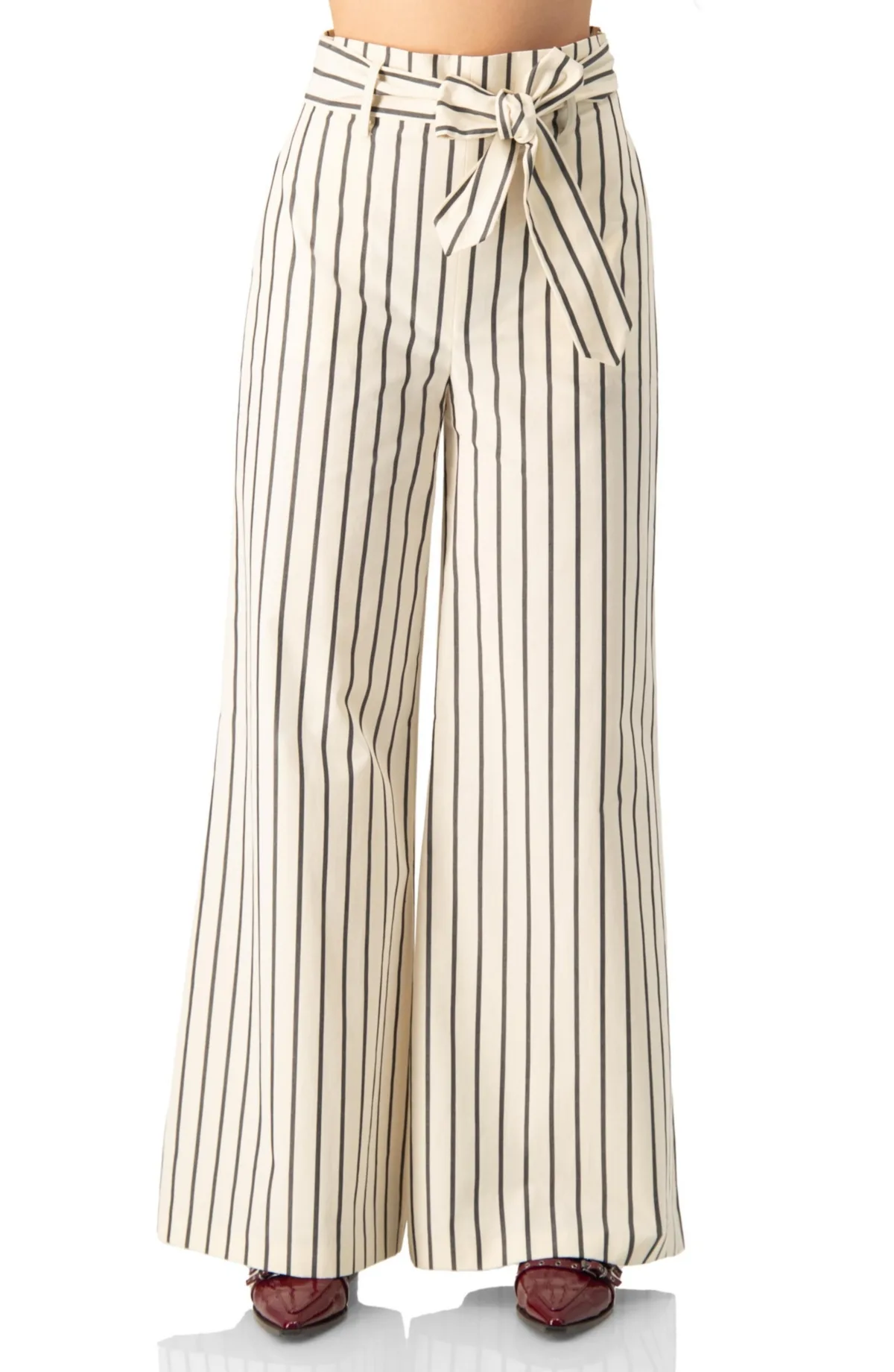 Striped Bow-Belted Wide-Leg Trousers by Ivonne