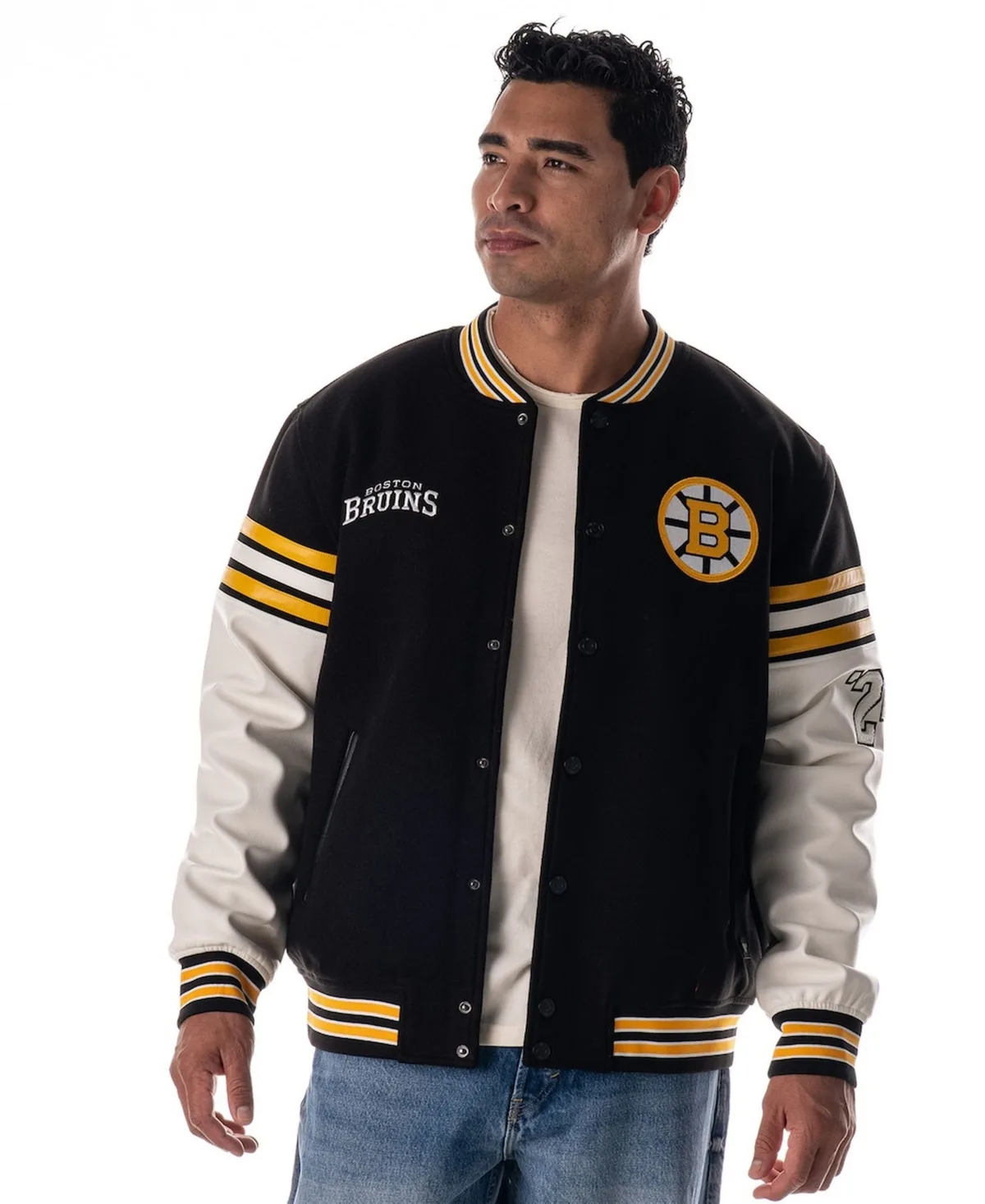 Boston Bruins Drop Shoulder Full-Snap Varsity Jacket by The Wild Collective