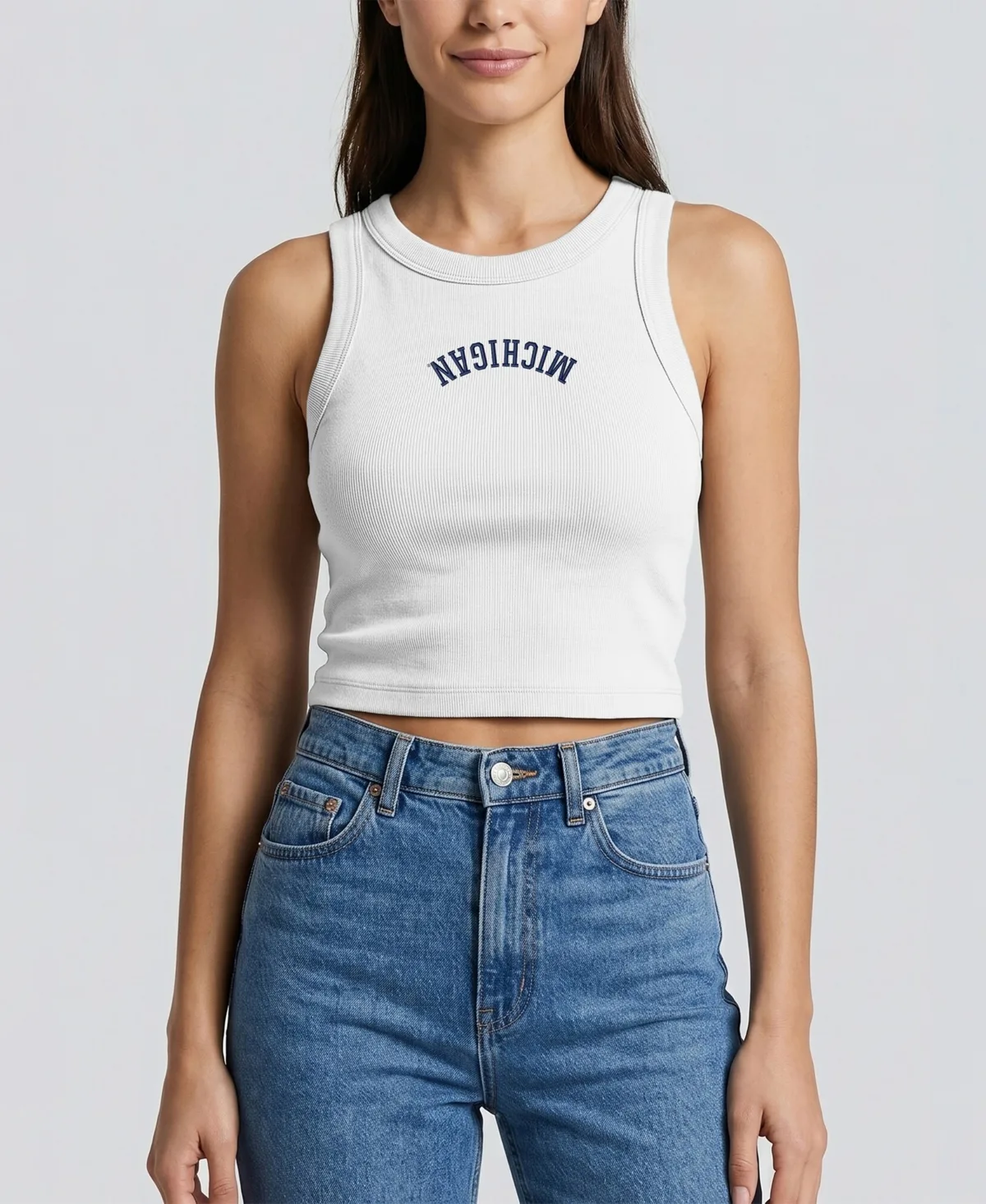 Michigan Wolverines Upside Down Embroidery Ribbed Cropped Tank Top by Uscape Apparel