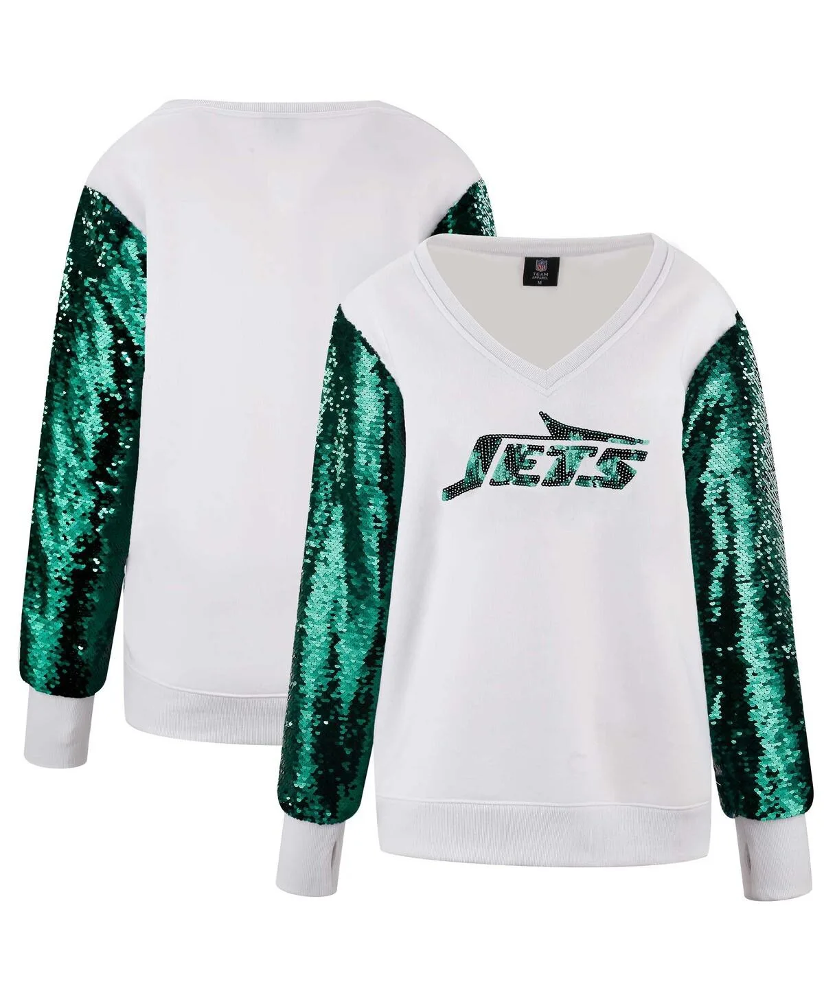New York Jets Sequin Sleeve V-Neck Pullover Sweatshirt by Cuce