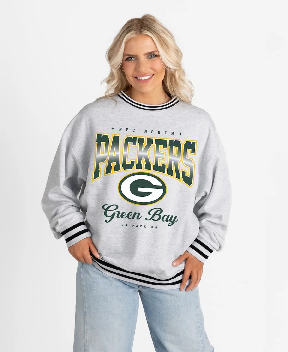 Green Bay Packers Oversized Gridiron Drive Ringer Stripe Sweatshirt by Gameday Couture