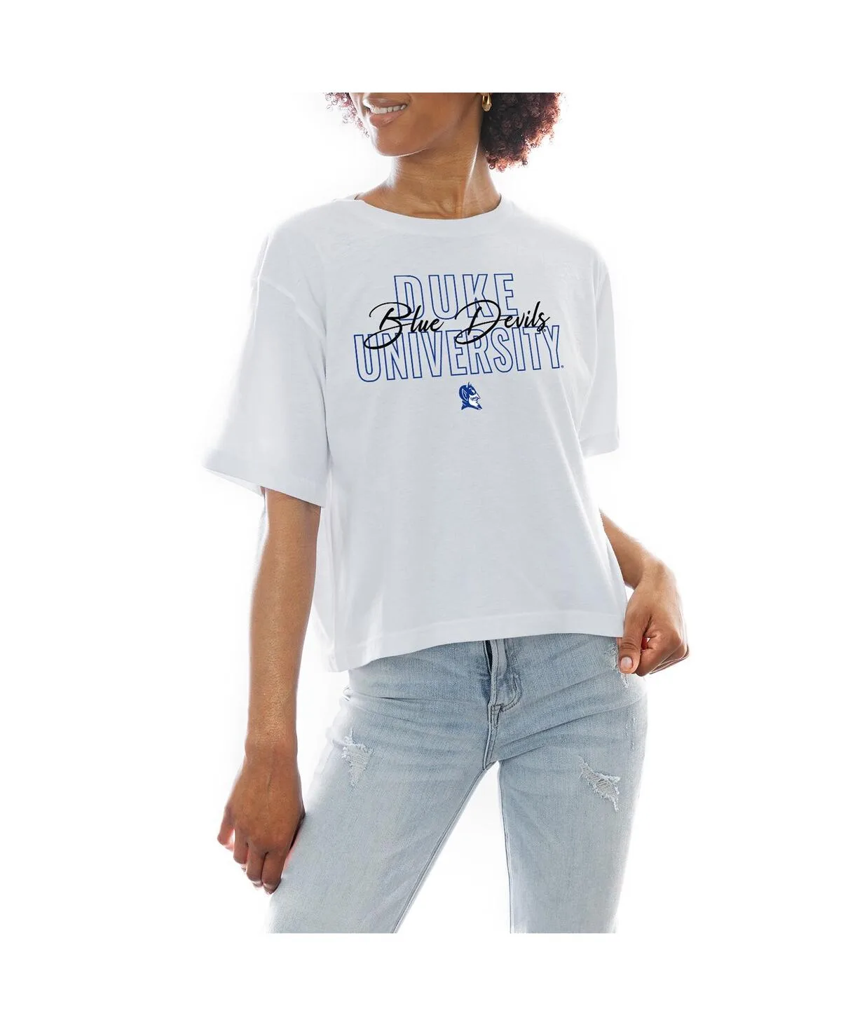 Duke Blue Devils Slogan Boxy Fit Cropped T-Shirt by Gameday Couture