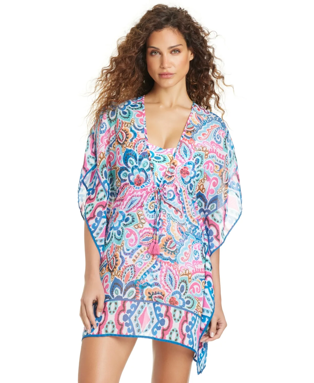 Artistic Paisley Chiffon V-Neck Swim Cover-Up Caftan by Beyond Control