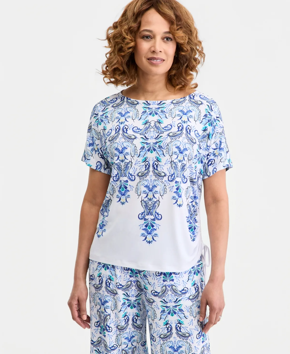 Printed Side Ruched Boat-Neck Top by Jm Collection