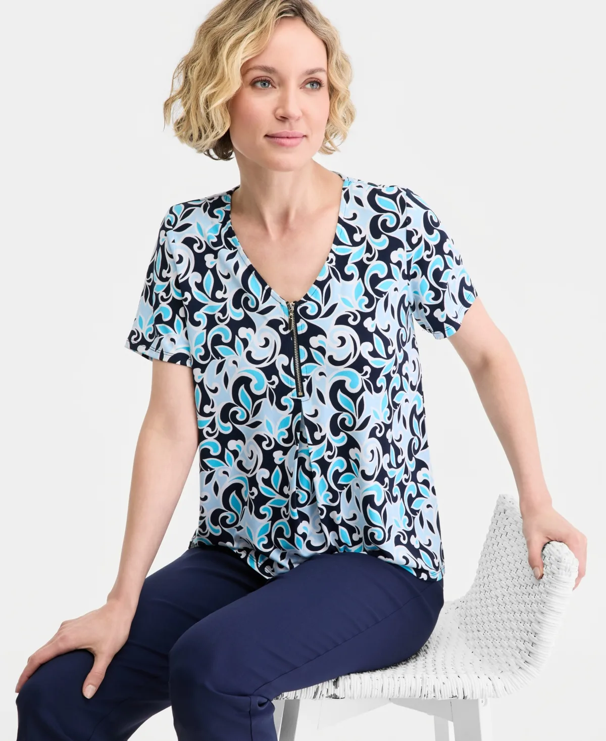 Printed Front Zipper V-Neck Top by Jm Collection