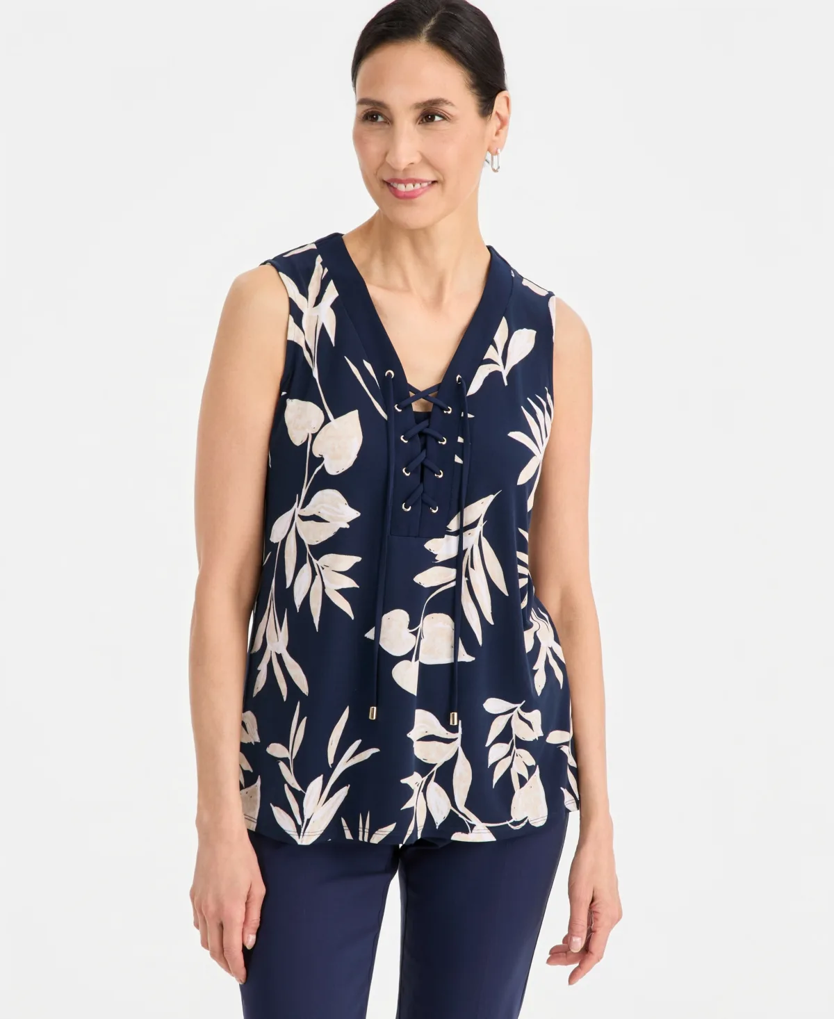 Printed Lace-Up Sleeveless Top by Jm Collection