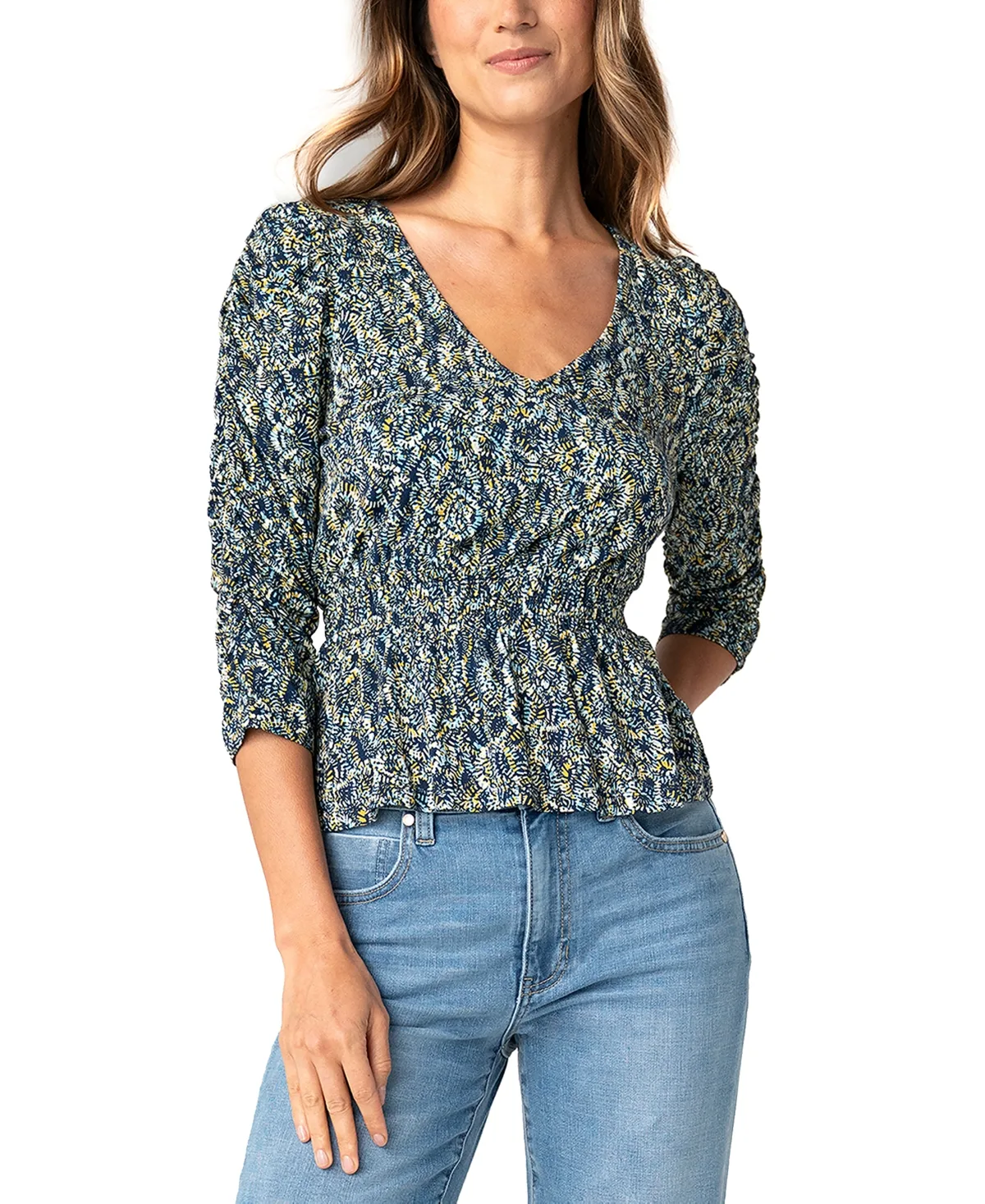 Ruched Sleeve V-Neck Knit Top by Liverpool Los Angeles