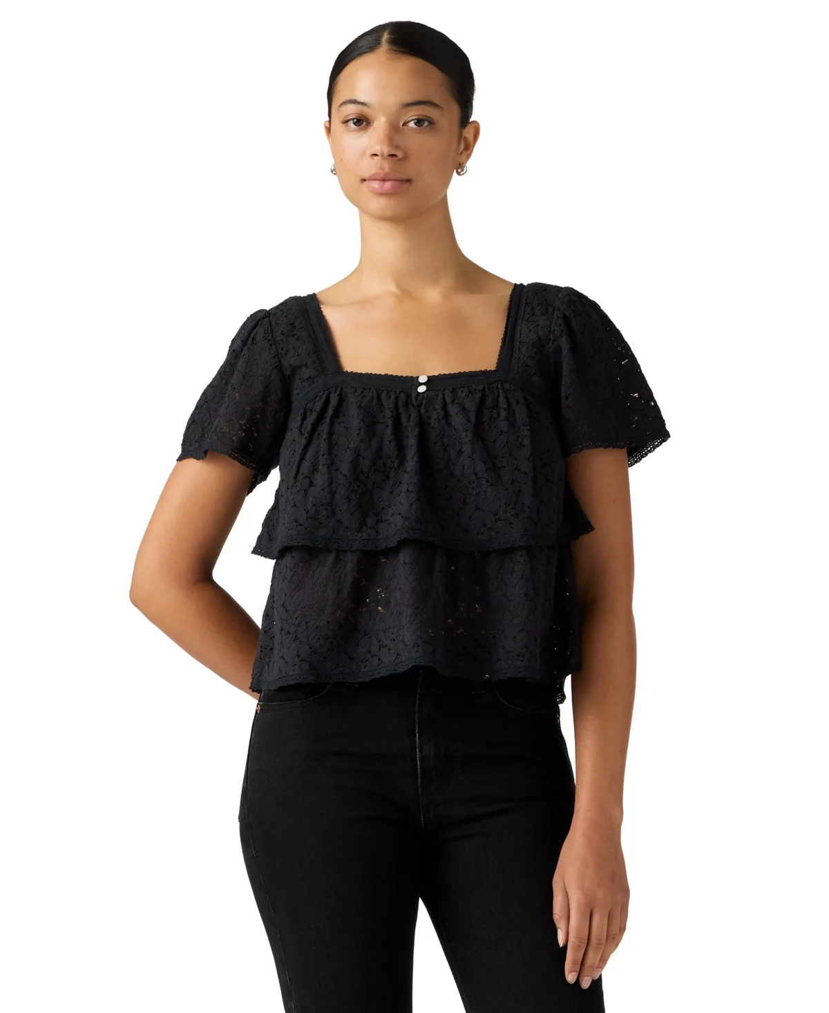 Cotton-Blend Short-Sleeve Lace Top
