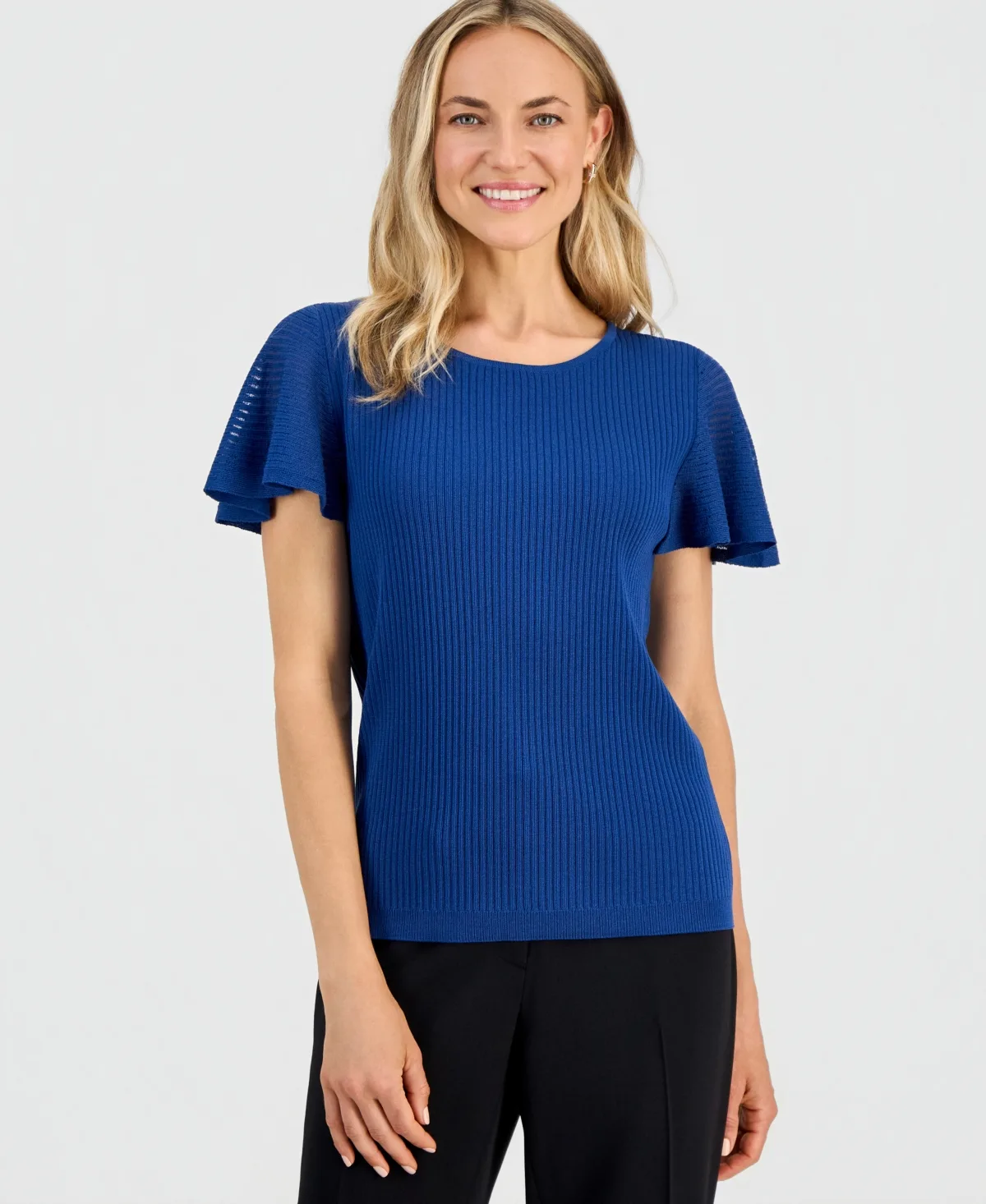 Crewneck Flutter-Sleeve Rib-Knit Sweater by Kasper