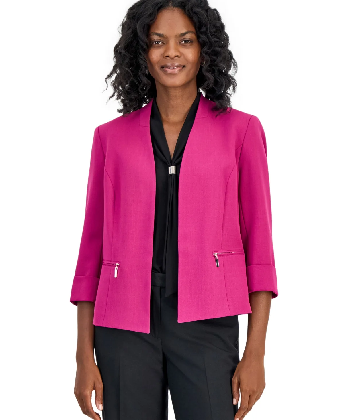 Collarless Zip-Pocket Cuffed-Sleeve Blazer by Kasper