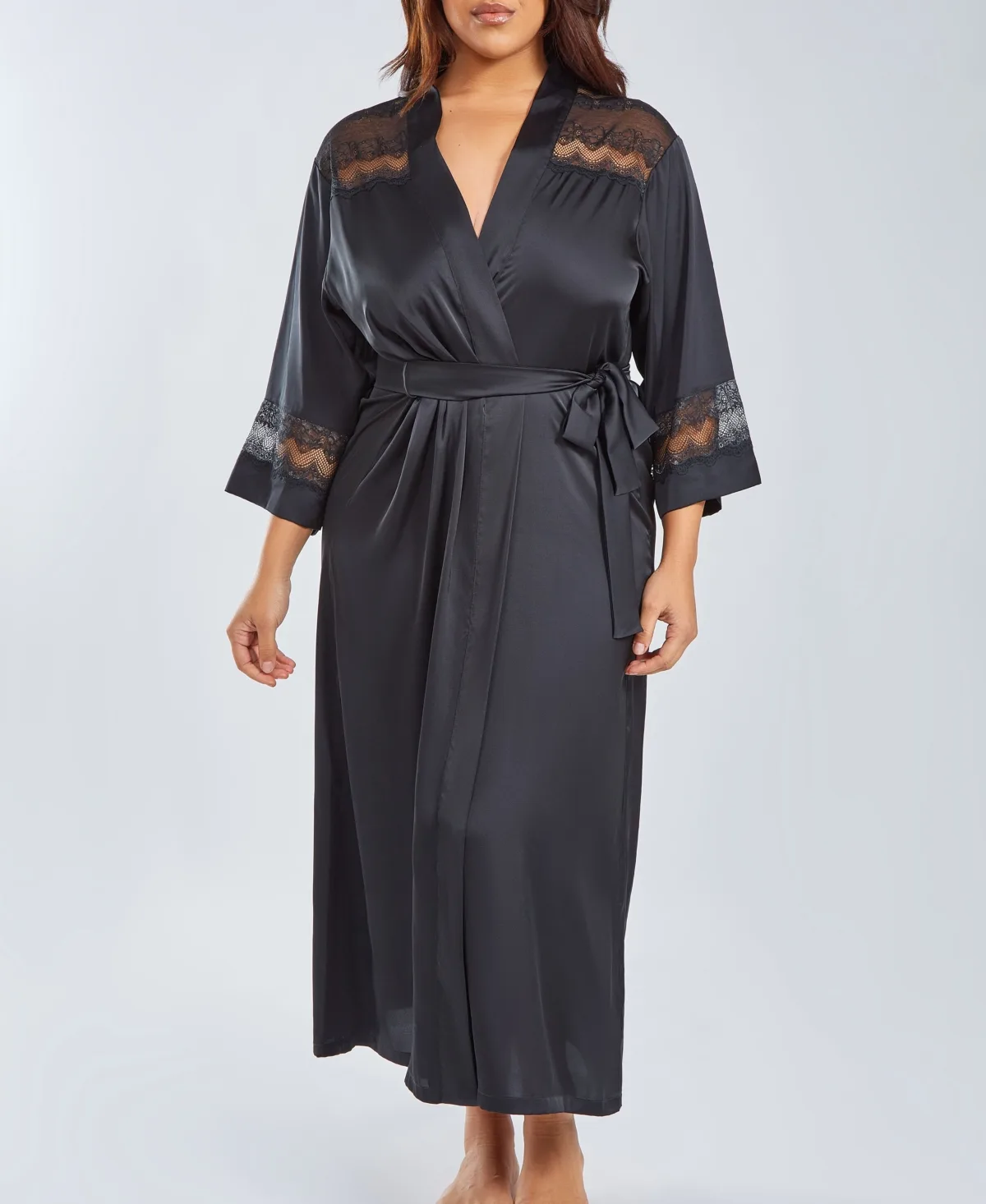 Silky Stretch Satin Long Robe with Lace Trims by Icollection