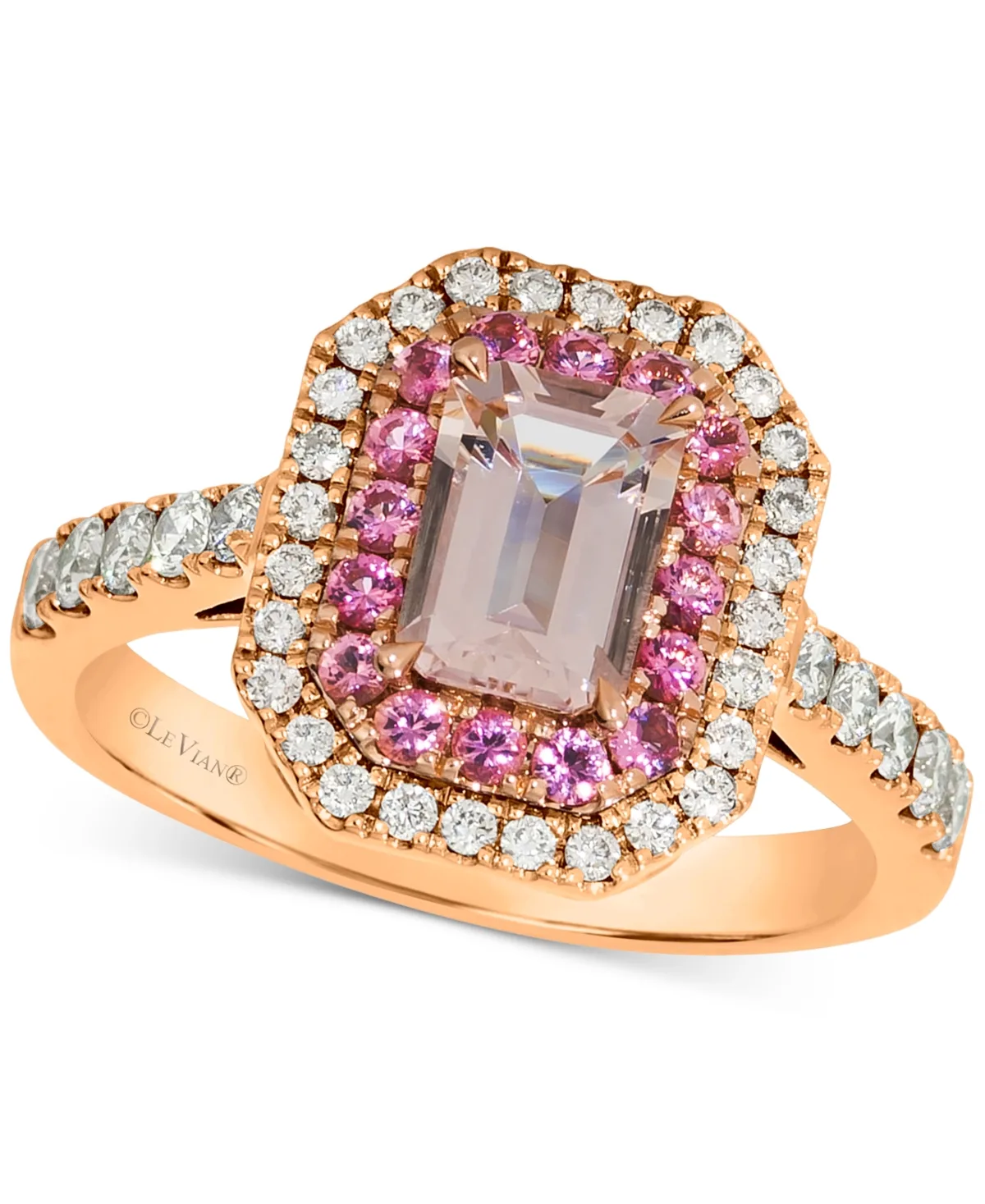 Peach Morganite (1 ct. t.w.), Passion Fruit Tourmaline (1/3 ct. t.w.), & Nude Diamond (3/8 ct. t.w.) Halo Ring in 14k Rose Gold by Le Vian