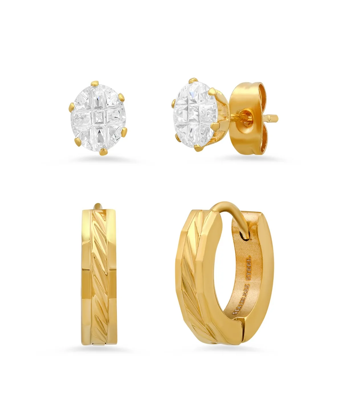 2 Pieces Set Simulated Diamonds Studs and Diamond Cut Huggie Earrings by Steeltime