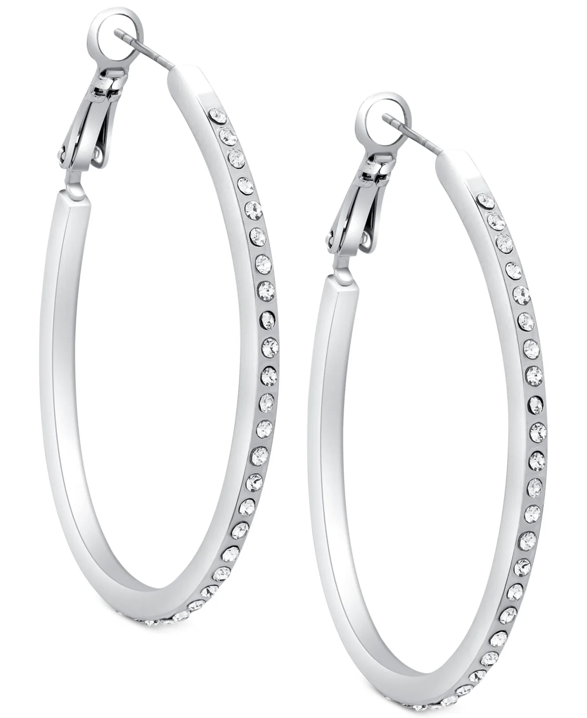 Silver-Tone Pave 1 1/4" Oval Hoop Earrings