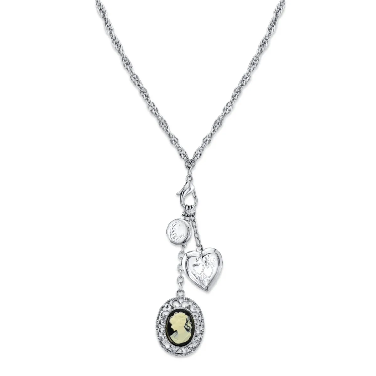 Silver-Tone Heart and Black Oval Cameo Charm Necklace 26" by 2028