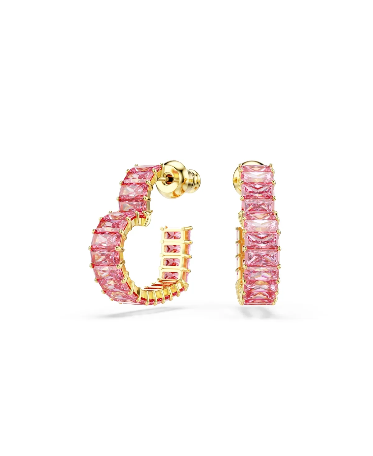 Matrix Gold-Tone Plated, Baguette Cut, Heart, Small, Pink, Hoop Earrings by Swarovski