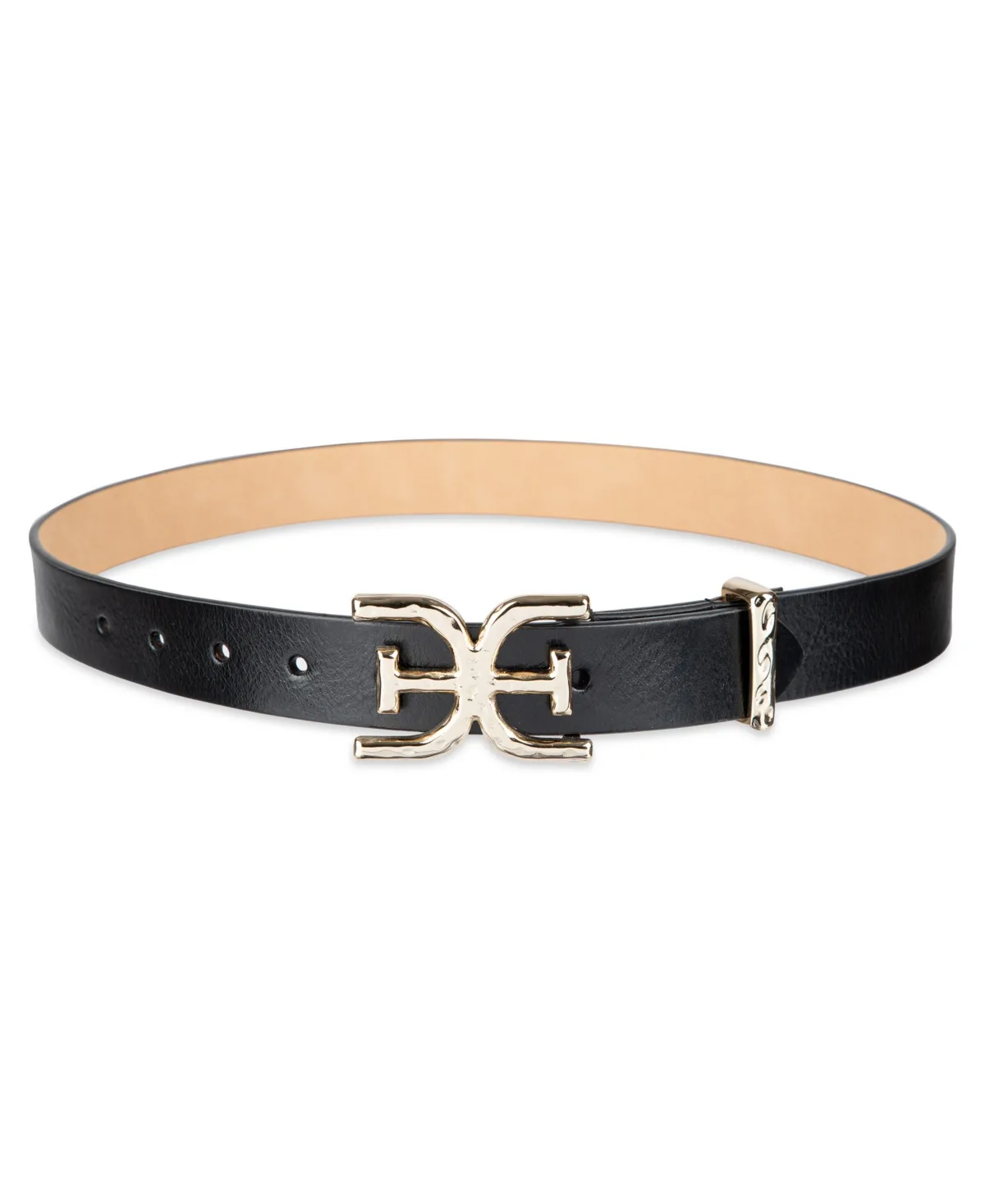 Hammered Double-E Logo Plaque Buckle Belt by Sam Edelman
