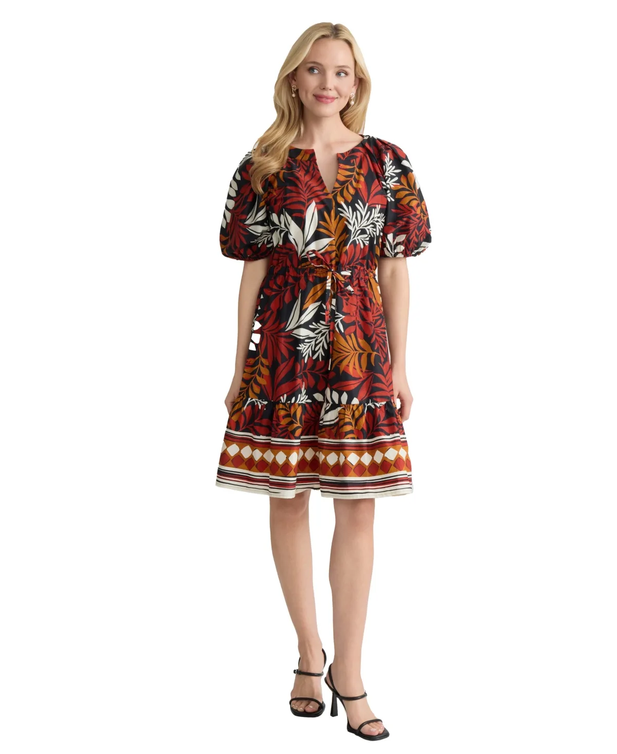 Tiered-Puff-Sleeve V-Neck Dress