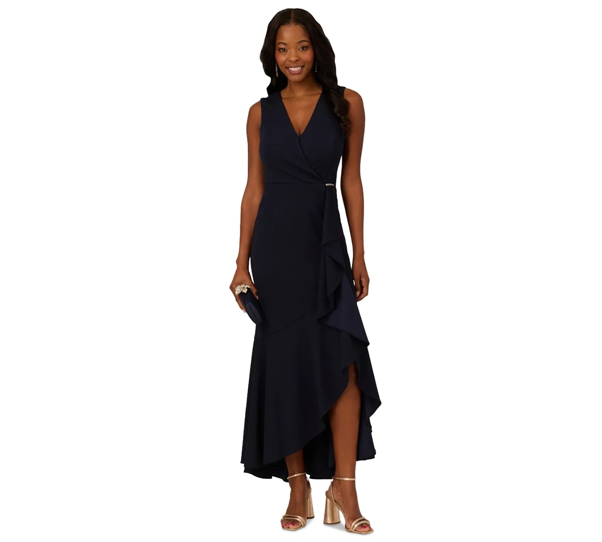 Ruffled V-Neck High-Low Dress by Adrianna Papell