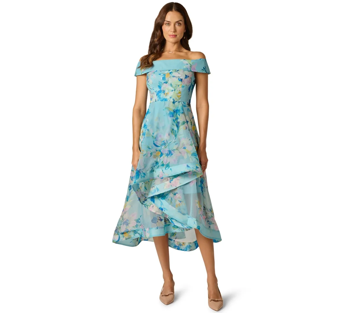 Floral Organza Off-The-Shoulder High Low Dress by Adrianna Papell