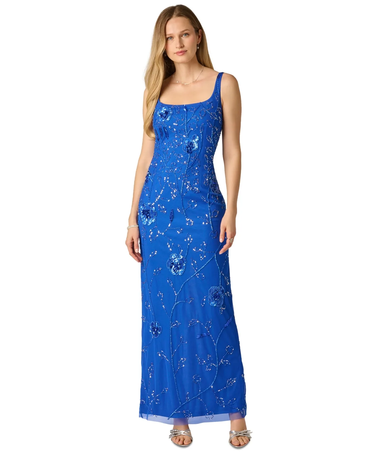 Square Neck Bead Mesh Column Dress by Adrianna Papell